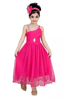 Pink Embroidered Super Net Kids Frocks