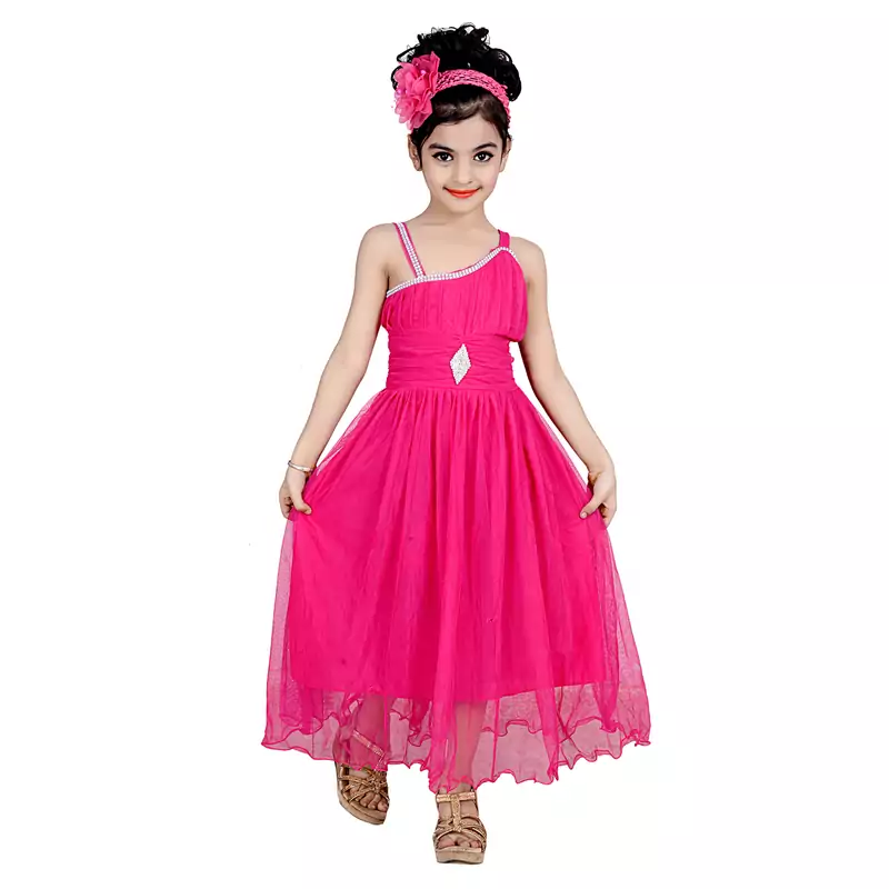 Pink Embroidered Super Net Kids Frocks