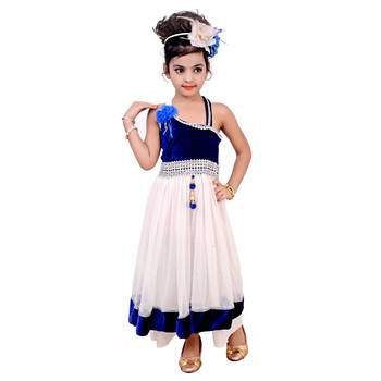 Blue Embroidered Super Net Kids Frocks 1
