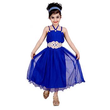 Blue Embroidered Super Net Kids Frocks 1