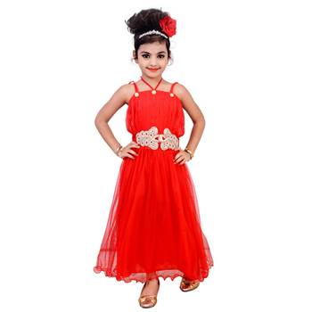 Red Embroidered Super Net Kids Frocks 1