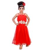 Red Embroidered Super Net Kids Frocks