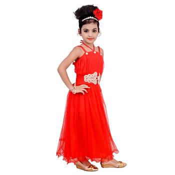Red Embroidered Super Net Kids Frocks 2