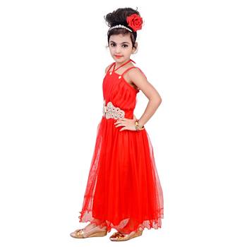 Red Embroidered Super Net Kids Frocks 3