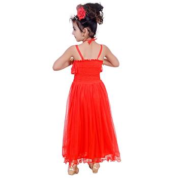 Red Embroidered Super Net Kids Frocks 4