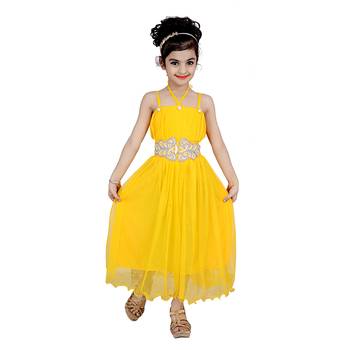 Yellow Embroidered Super Net Kids Frocks 1