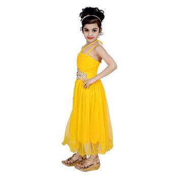Yellow Embroidered Super Net Kids Frocks 2