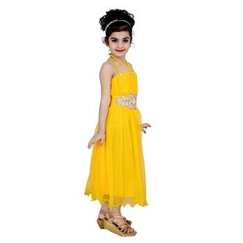 Yellow Embroidered Super Net Kids Frocks 3