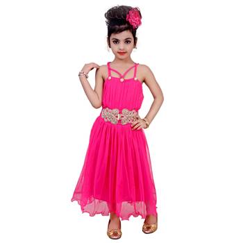 Pink Embroidered Super Net Kids Frocks 1