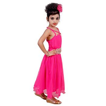 Pink Embroidered Super Net Kids Frocks 2