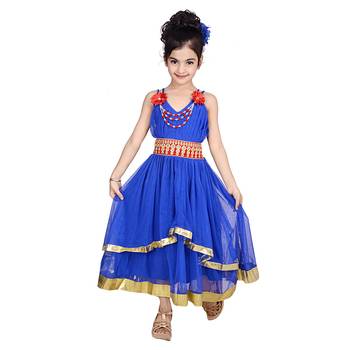 Blue Embroidered Super Net Kids Frocks 1