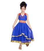 Blue Embroidered Super Net Kids Frocks