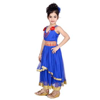 Blue Embroidered Super Net Kids Frocks 2