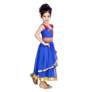 Blue Embroidered Super Net Kids Frocks 3