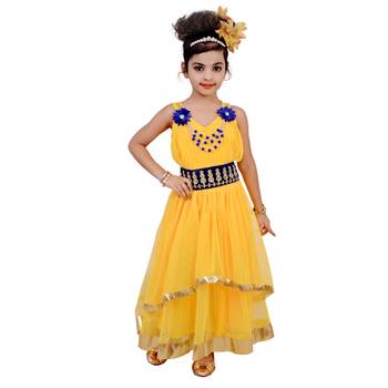 Yellow Embroidered Super Net Kids Frocks 1
