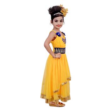 Yellow Embroidered Super Net Kids Frocks 2