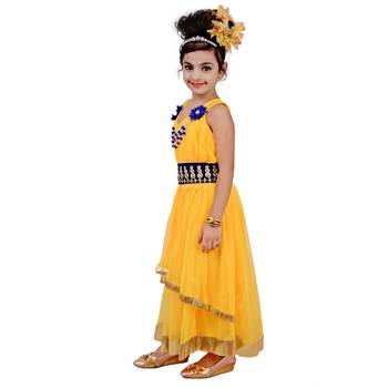 Yellow Embroidered Super Net Kids Frocks 3