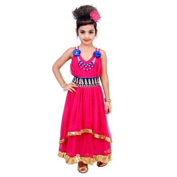 Pink Embroidered Super Net Kids Frocks 1