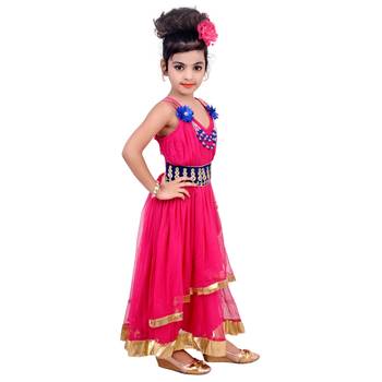 Pink Embroidered Super Net Kids Frocks 2