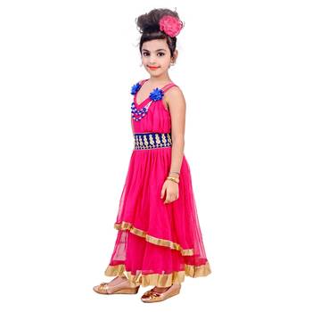 Pink Embroidered Super Net Kids Frocks 3