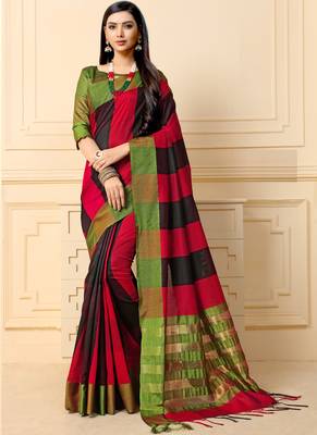 Multicolor Plain Cotton Silk Saree With Blouse 1