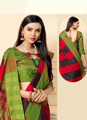 Multicolor Plain Cotton Silk Saree With Blouse 2