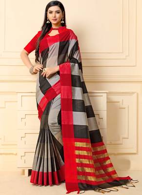 Multicolor Plain Cotton Silk Saree With Blouse 1