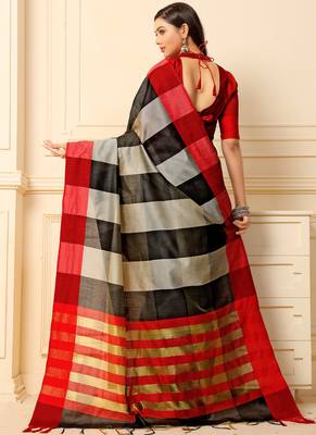 Multicolor Plain Cotton Silk Saree With Blouse 3