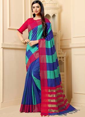 Multicolor Plain Cotton Silk Saree With Blouse 1