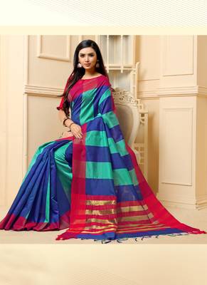 Multicolor Plain Cotton Silk Saree With Blouse 2