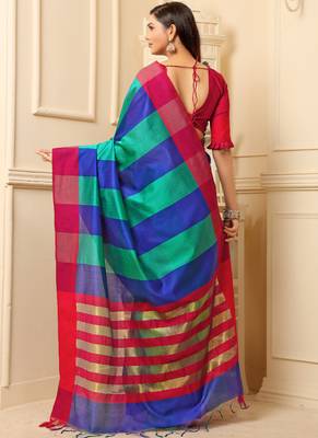 Multicolor Plain Cotton Silk Saree With Blouse 3