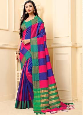 Multicolor Plain Cotton Silk Saree With Blouse 1