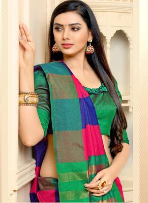 Multicolor Plain Cotton Silk Saree With Blouse 2