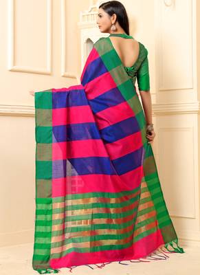 Multicolor Plain Cotton Silk Saree With Blouse 3