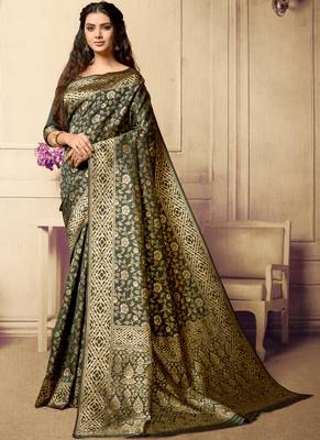 Dark olive woven art silk sarees saree with blouse 1