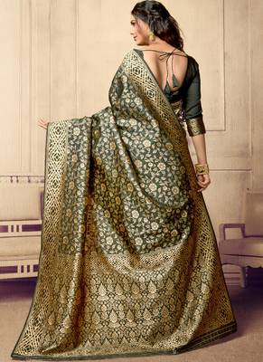 Dark olive woven art silk sarees saree with blouse 2