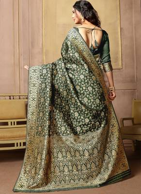 Dark olive woven art silk sarees saree with blouse 3