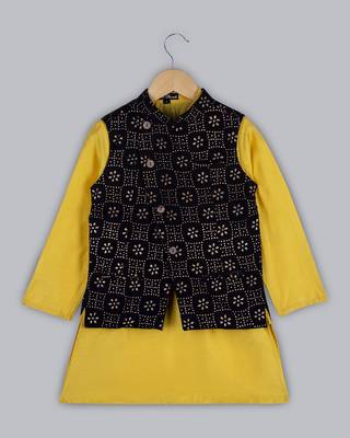 Yellow plain cotton boys kurta with nehru jacket 1