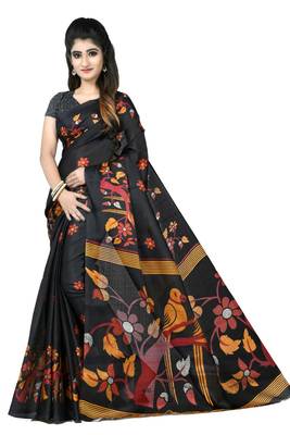 Black printed art silk sarees saree with blouse 5