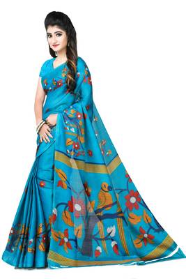 Aqua blue printed art silk sarees saree with blouse 1