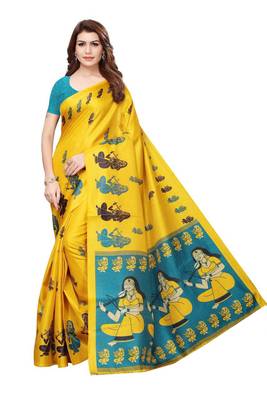 Dark yellow printed art silk sarees saree with blouse 1