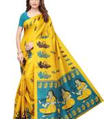 Dark yellow printed art silk sarees saree with blouse