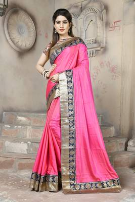 Pink plain paper cotton saree with blouse 1