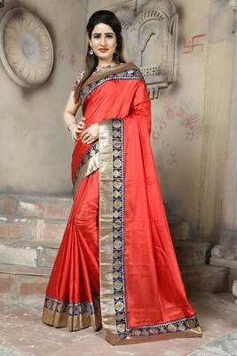 Red plain paper cotton saree with blouse 1