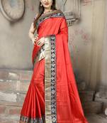 Red plain paper cotton saree with blouse