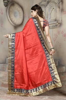 Red plain paper cotton saree with blouse 2