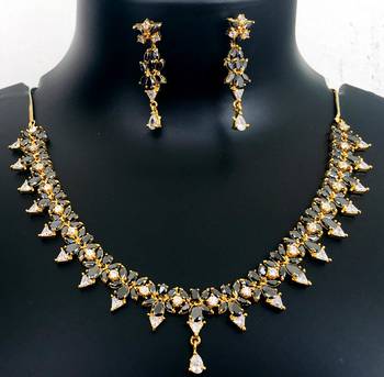 Cz American Diamond Necklace Earrings Set Gray Stone Gold Plated 1