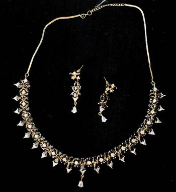 Cz American Diamond Necklace Earrings Set Gray Stone Gold Plated 2
