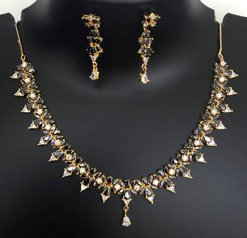 Cz American Diamond Necklace Earrings Set Gray Stone Gold Plated 3