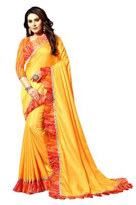 Yellow printed silk blend  saree with blouse 1